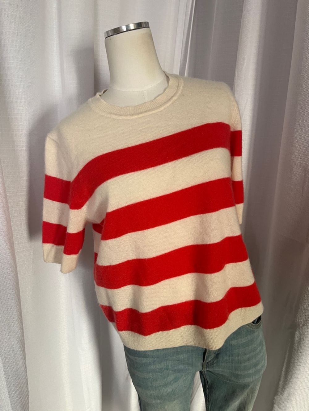 Martha Stewart Red and Cream Striped Cashmere nSweater